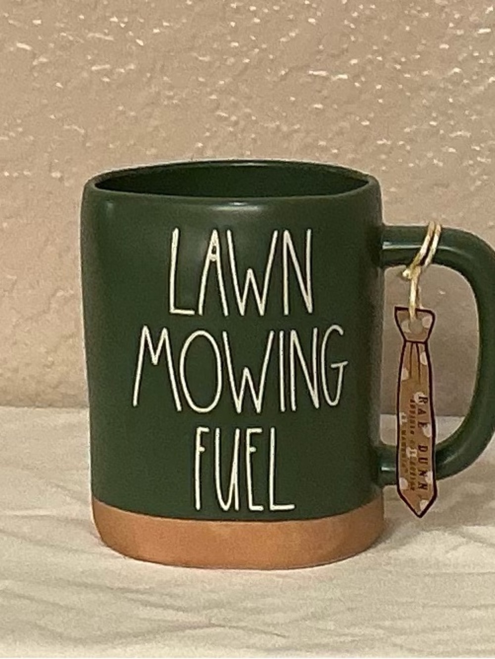 Rae Dunn Green and Tan "Lawn Mowing Fuel" Ceramic Mug
